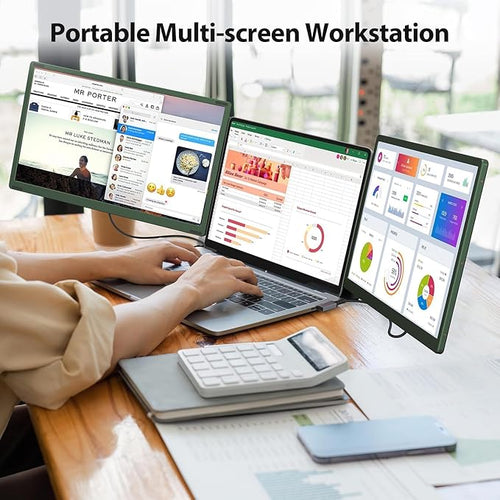 14’’ Triple Laptop Screen Extender 1080P FHD Portable Dual Monitor for Laptop USB C HDMI Plug-Play Monitor Extender for Triple Display for Mac/Windows Fit 13”-17.3” Laptops