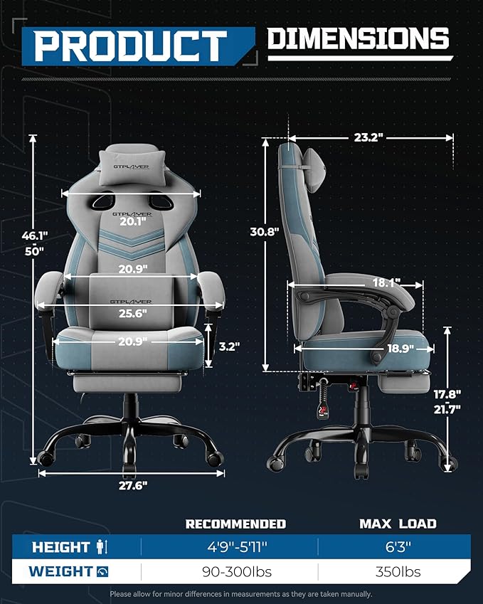 GTPLAYER Gaming Chair Computer Chair with Footrest and Lumbar Support for Adults 360°-Swivel Big &amp Tall Reclining Seat for Office or Gaming (Grey)