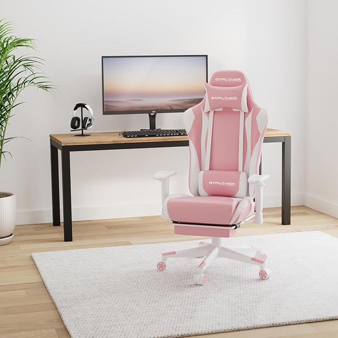 GTPLAYER Gaming Chair with Footrest Ergonomic Computer Game Desk Chair Reclining Gamer Chair Seat Height Adjustment Swivel Rocker with Headrest and Lumbar (Pink)