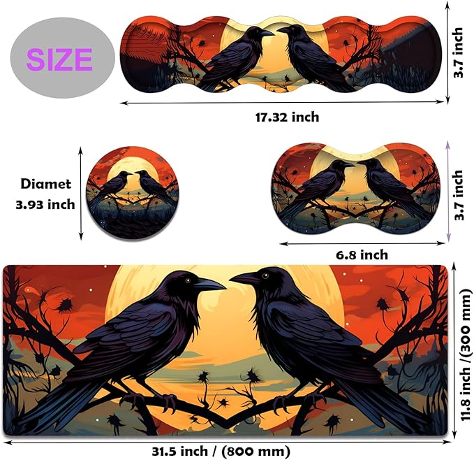Large Gaming Mouse Pad Keyboard Wrist Rest Pad + Mouse Wrist Pad + Coaster 4 in 1 Set Extended Waterproof Non-Slip Desk Mat Suitable for Office Home Learning Games Branch Crow