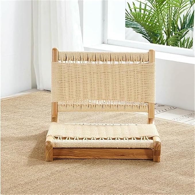 ELEFOCUS Tatami Floor Chair with Rattan Backrest Comfortable Legless for Living Room Bedroom Natural Straw