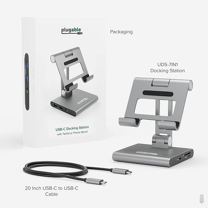 Plugable 8-in-1 USB C Hub for iPad with Stand 100W Pass-Through Charging USB C Docking Station for iPad 1x HDMI 2X USB Audio SD Driverless Compatible with Windows iPadOS Phones Tablets