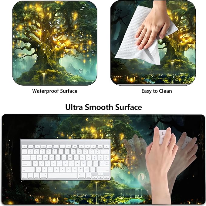 Large Mouse Pad with Mouse Wrist Rest 31.5x11.8 in Extended Mouse Mat with Non-Slip PU Base Ergonomic Memory Foam Wrist Rest for Work &amp Gaming Writing Pad Tree of Life Pattern Office Desk Pad