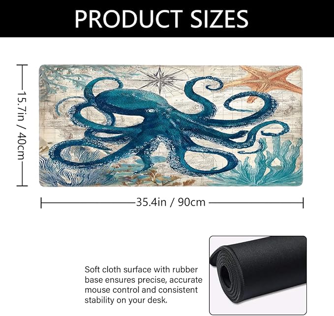 Large Octopus Ocean Vintage Mouse Mat Computer Mousepad with Non-Slip Rubber Base Waterproof Mouse Pad Desktop Keyboard Pad for GamerHome School Laptop Office Accessories16x35.5in