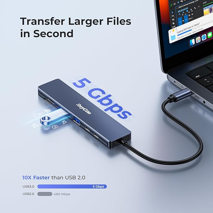 USB C Hub RayCue 7 in 1 USB C to HDMI Splitter 2 USB 3.1 GEN1 and 5Gbps Type-C Data Port 4K HDMI Port PD 100W Charging SD Card Reader for iPad Pro MacBook Pro Laptops and More