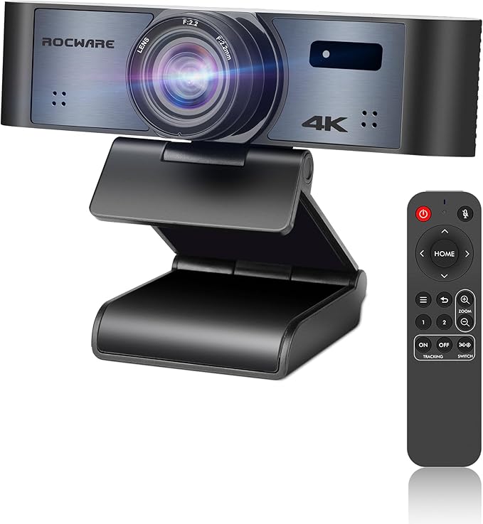 ROCWARE 4K Webcam with Remote RC16 Computer Camera with Microphone1080p 60fps FHDAI TrackingPrivacy Cover WDR110°FOV8X Digital ZoomStreaming Camera for PC/Meeting/Teaching/Zoom