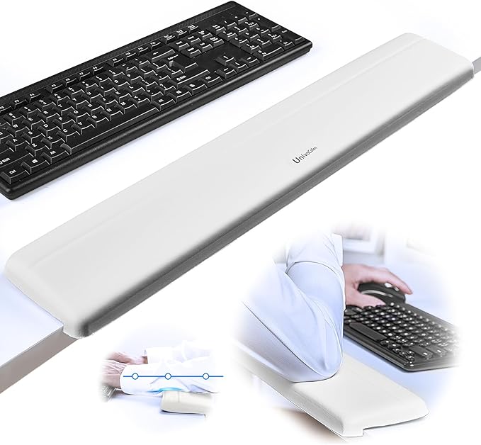 UnivoColors Long Arm Rest for Desk EdgesPU LeatherNon-SlipMemory FoamDesk Edge SupportErgonomic Design for Long-Hour Work(23.6 * 3.9 inch One-Piece Design of White)