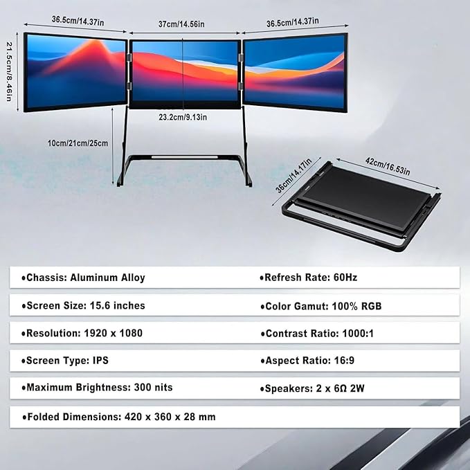 15.6 Laptop Screen Extender Monitor Portable Tri-Fold Monitor for Laptop 15.6 Inch FHD 1080P Triple Display with Type-C &amp HDMI &amp USB-C 360° Adjustable for Mac/Windows/Linux