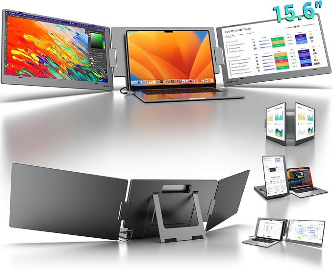 KYY Laptop Screen Extender 15.6 Monitor Extender with Type-C Plug&ampPlay 1080P FHD Portable Triple Monitor for Laptop with Alloy Dual Display fit 13-17 Portable Extended Screen for Mac/Wins/Ch