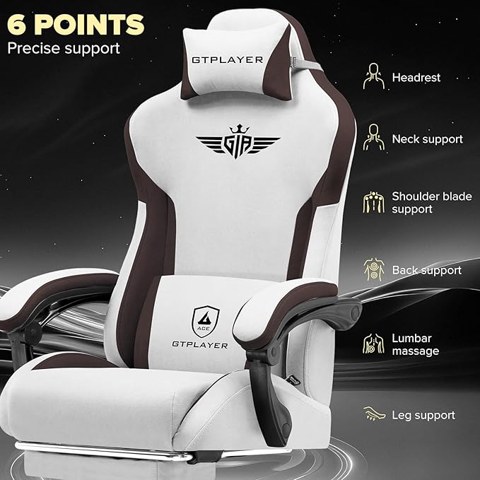GTPLAYER Gaming Chair Computer Office Chair Lumbar Support Linkage Armrests and Footrest Ergonomic Game Chair for Adults with Extended Backrest Fabric Brown