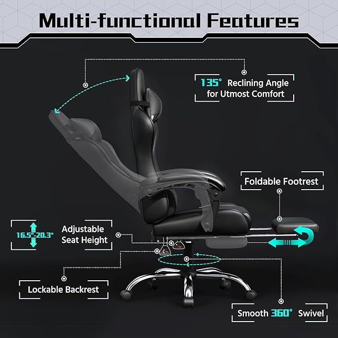 Yaheetech Gaming Chair Video Game Chair with Massage Lumbar Support and Footrest Height Adjustable Ergonomic Computer Chair with Swivel Seat and Headrest Full Black