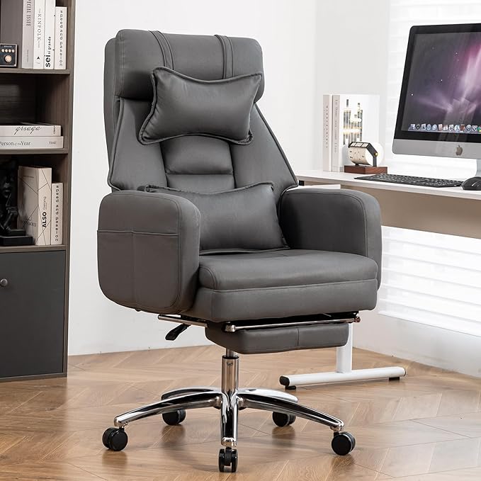 Video Game Desk ChairSwivel Ergonomic Office Chairwith Footrest and Comfy Lumbar SupportPU Leather Recliner with HeadrestFixed Up ArmrestHeight Adjustable with 360°Swivelfor Adults (Drak Grey)