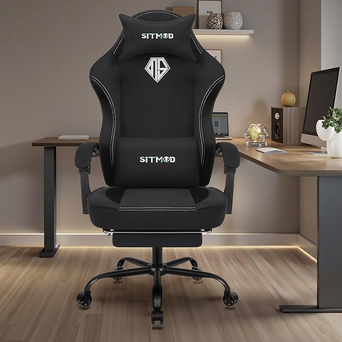 Gaming Chair Video Gaming Chairs for Adults Comfy Fabric Computer Office Chair with Pocket Spring Cushion 350lb Heavy Duty Ergonomic Gamer Chair 360° Swivel Lumbar Headrest 90-150° Recline Black