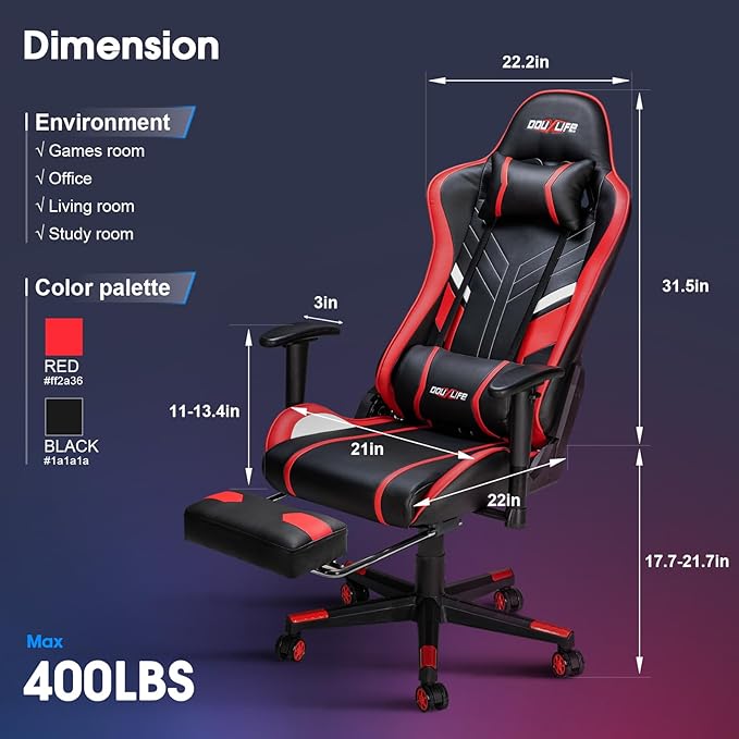 Douxlife 7-Point Massage Gaming Chair with Footrest 400lbs Heavy Duty Ergonomic Computer Chair 175° Reclining High Back Racing Seat for Adults with Adjustable Armrests &amp Lumbar Support Red