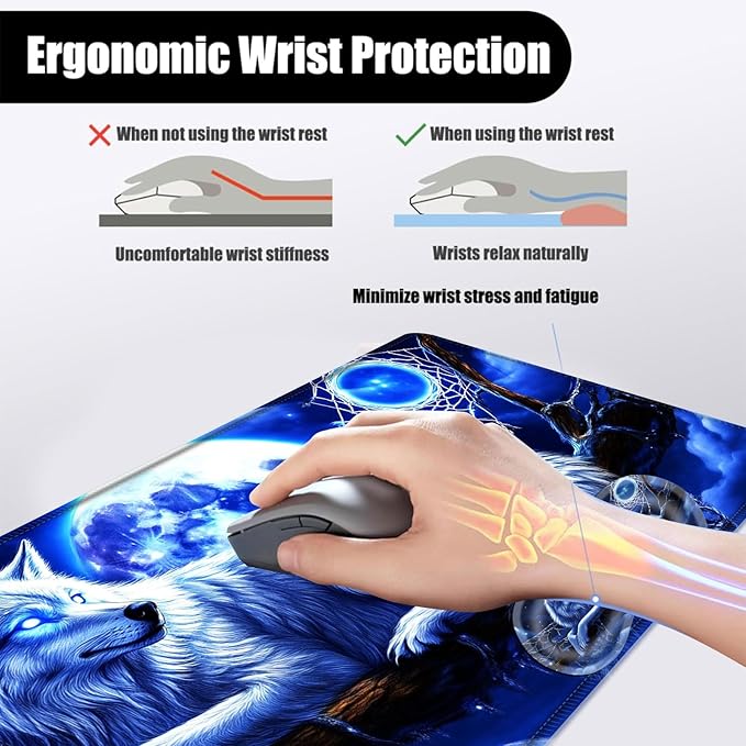 Mouse PadLarge Desk Mat Set 4in1 XL Mousepad + Keyboard Wrist Rest+Mouse Wrist Rest+Coaster with Ergonomic Desk Pad for Home Office Table Computer Cover -Wolf Moon Dreamcatcher