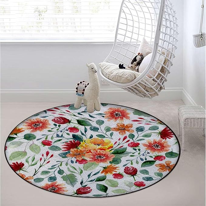 Multicolor Round Rug Nursery Rug for Bedroom Playroom Non Slip Educational Playmat Round Circle Carpet Flowers and Curls on White Background Diameter 59 in