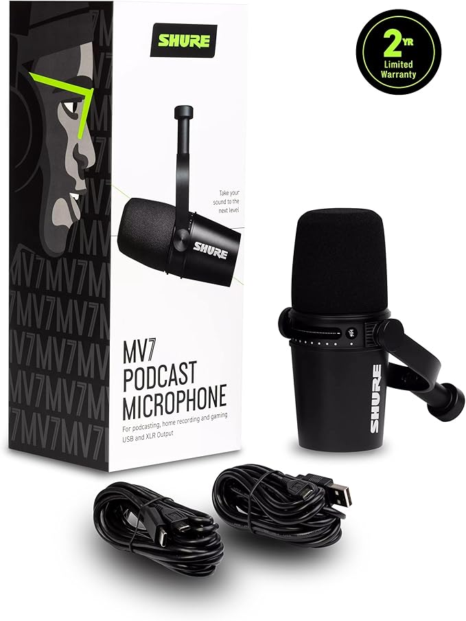 Shure MV7 USB Podcast Microphone for Podcasting Recording Live Streaming &amp Gaming Built-in Headphone Output All Metal USB/XLR Dynamic Mic Voice-Isolating Technology TeamSpeak Certified - Bla