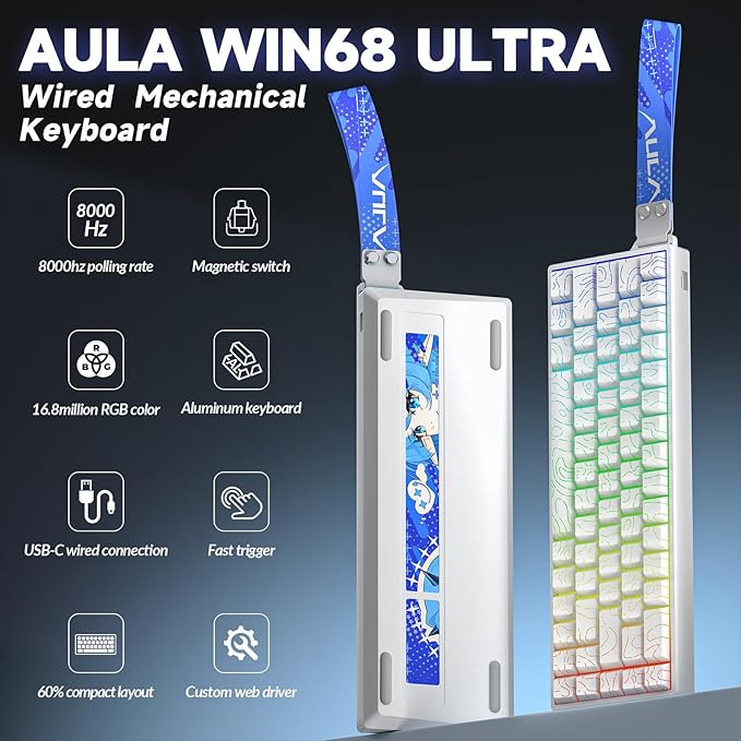Aula WIN68 HE Ultra Wired Aluminum Mechanical Gaming Keyboard 60% Automated Input Adjustable Drive for Quick Trigger Mode 8000Hz Polling Rate Hall Effect Magnetic Switch RGB Backlit Keyboard