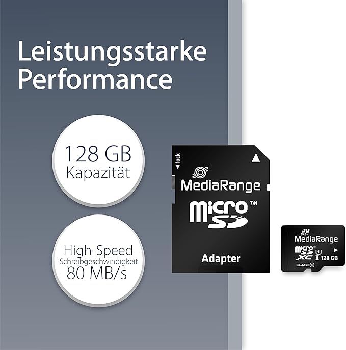 MediaRange Micro SDXC Memory Card with SD Adapter 128GB - Speed Class 10 Read Speed up to 80 MB/s External Data Storage for Mobile Devices Such as Digital Cameras or Smartphones