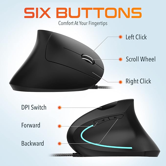 Delton S12 Ergonomic Vertical Wired Mouse 6 Buttons 3 Adjustable DPI Levels (800/1200/1600) &amp 3D Scroll Wheel Compatible for PC Laptop Mac Chromebook - Black