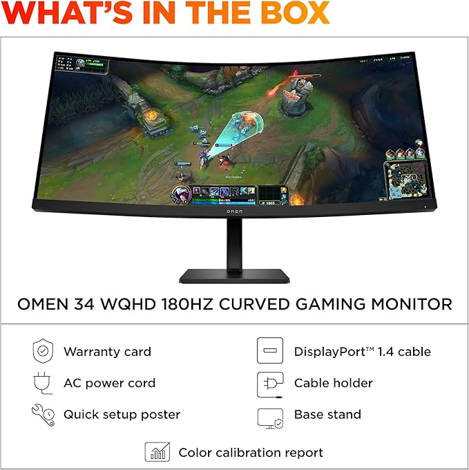 HP OMEN 34 inch WQHD 180Hz Curved Gaming Monitor Wide QHD Display (3440 x 1440) VA Panel VESA DisplayHDR 400 1ms MPRT (with Overdrive) AMD FreeSync Premium Technology Black OMEN 34c G2 (2025)