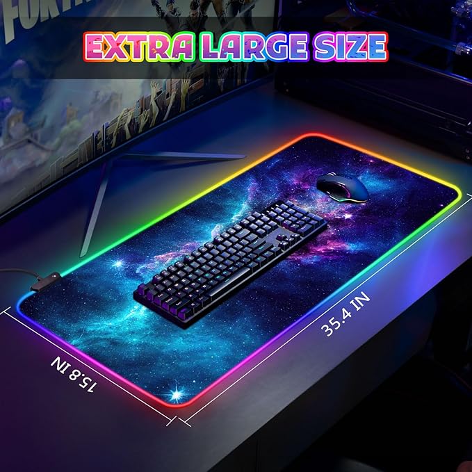 ToLuLu RGB Mouse Pad Gaming Large LED Mouse Pad with 14 Lights Modes 35.4 x 15.7 inches XXL Desk Mat for Keyboard and Mouse Extended Desk Pad Mat PC Gaming Mousepad Accessories（Blue Purple Galaxy