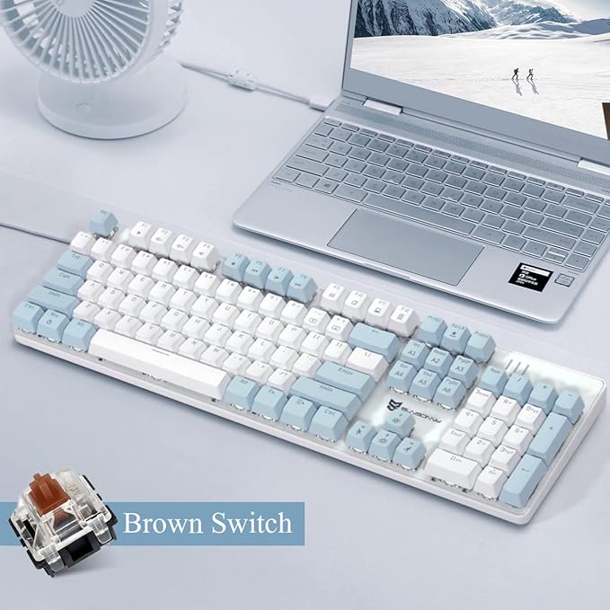 Qisan 104 Mechanical Keyboard for Gaming | Large Size USB White Backlit Gaming Keyboard Wired | US Layout Brown Switches Hot Swappable Mechanical Clicky Keyboards Compatible with PC &amp Laptop