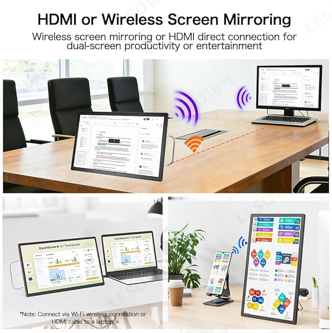 15.6 Inch Wireless Portable Monitor HDMI Second Display Travel External Screen 1920x1080 Built-in Speakers Support AirPlay Miracast Compatible with Laptop iOS Android Windows Mac TF Card