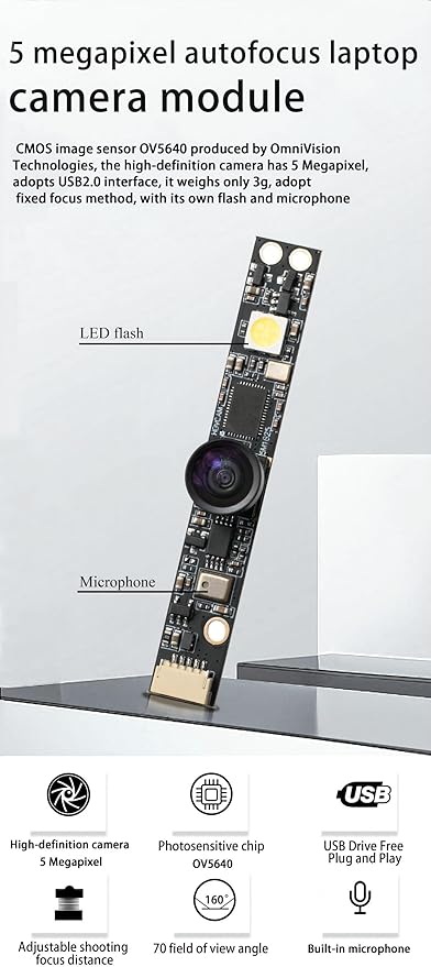OV5640 USB Camera Module 5MP Fixed Focus 160 Degree Camera for Win XP Win7 Win8 Vista Mac Linux Android 4.0 Jetson Nano with Flash Microphone Support OTG Standard UVC Protocol Driver-Free