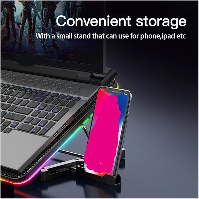 Universal Laptop Stand RGB Lighting Gaming Style 6 Fans LED Screen 12-15.6 Inch Laptop Cooling Pad with Mobile Phone Holder