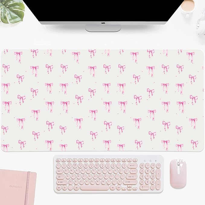 Idocolors Pink Bows Desk Mat Cute Extended Gaming Keyboard Mouse Pad Large Office Desk Cover Mat Pad Deskmat Non-Slip Leather Home Office Desk Mat Protector 27.6x13.8