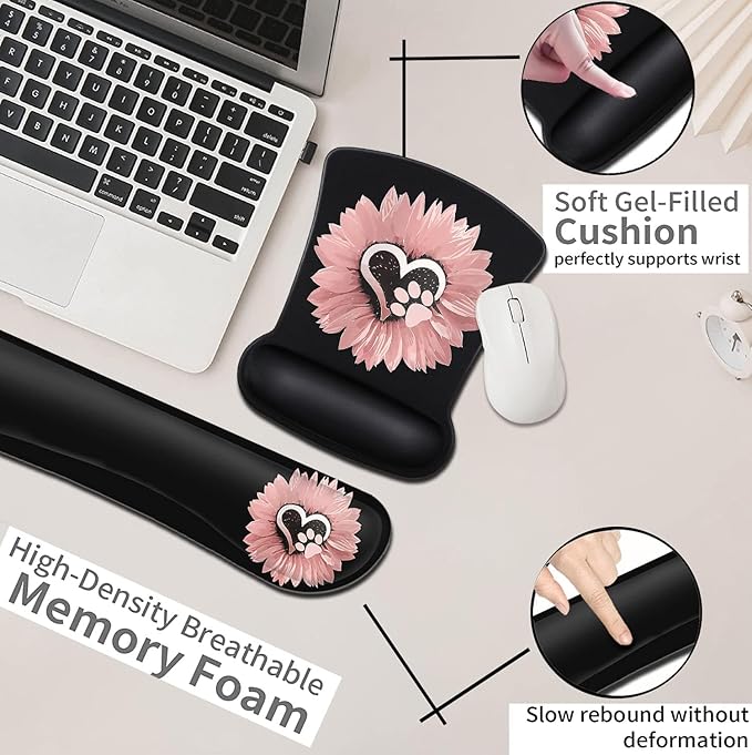 Mouse Pad with Wrist Support Ergonomic Gel Mouse Pad Memory Foam Keyboard Wrist Restfor Office Typing Games Desktop Decoration Sunflower and Dog Paw Print Pet and Pink Flowers