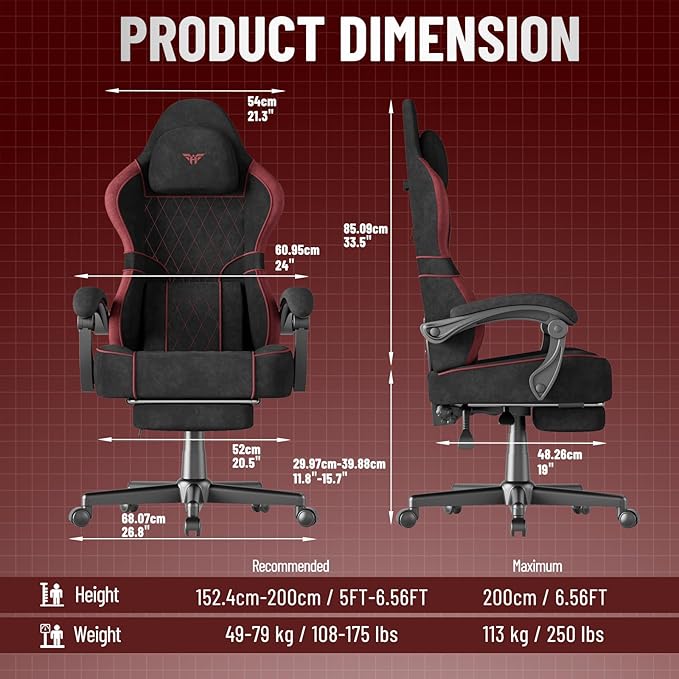 Huracan Ergonomic Gaming Chair Velvet Fabric Massage Game Chair with Footrest for Adults High Back Racing Computer Chair Lumbar Support Extended Seat for Home Office Video Game Black and Red