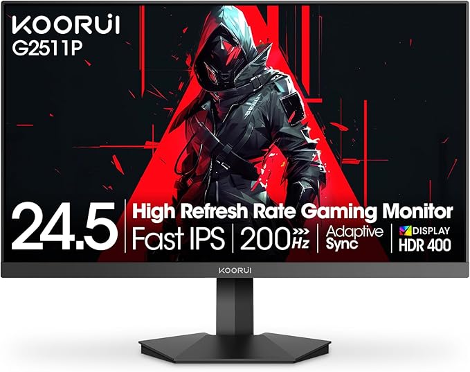 KOORUI 24.5 Inch Gaming Monitor 200Hz 1ms FHD(1920 * 1080p) IPS Display HDR400 90% DCI-P3 Color Gamut with Adaptive Sync HDMI &amp DP Port Black G2511P
