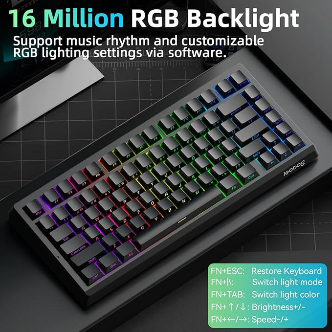 LEOBOG A80 RT Hall Effect Gaming Keyboard Wired Rapid Trigger Magnetic Switch Keyboard with 0.01mm RT Adjustable Actuation 8000Hz Polling Rate RGB Backlit Mechanical Keyboard 75% for PC Gamer