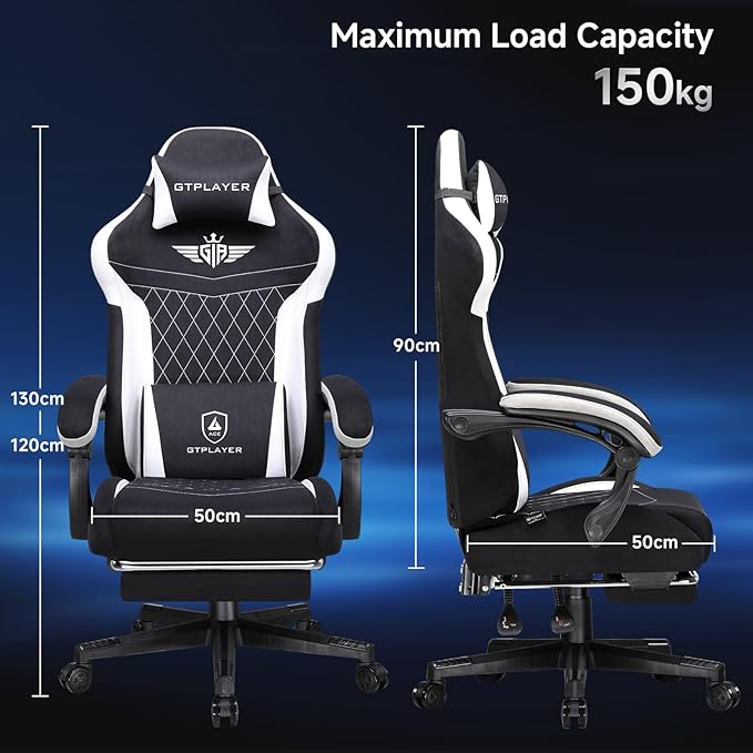 GTPLAYER Gaming Chair Video Game Chairs with Footrest and Lumbar Support Computer Chair for Adults with Extended Backrest Ergonomic Reclining Silla Gamer Fabric Black