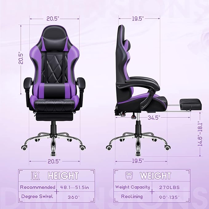 Shahoo Gaming Chair with Footrest and Massage Lumbar Support Ergonomic Office Computer Seat Height Adjustable with Headrest Purple