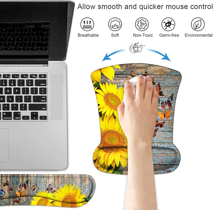 Keyboard Wrist Rest and Mouse Pad Wrist Support Set with Coasters Non-Slip PU Base Ergonomic Gaming Mousepad for Computer Laptop Home Office Easy Typing &amp Pain Relief - Sunflower and Butterfly