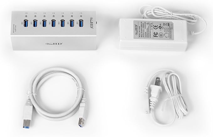 ViewHD Professional Premium Quality USB 3.0 7-Port Hub with On/Off Power Switch + 12V 4A Power Adapter + USB Cable in Full Metal Case (Silver) | VHD-U3P7S