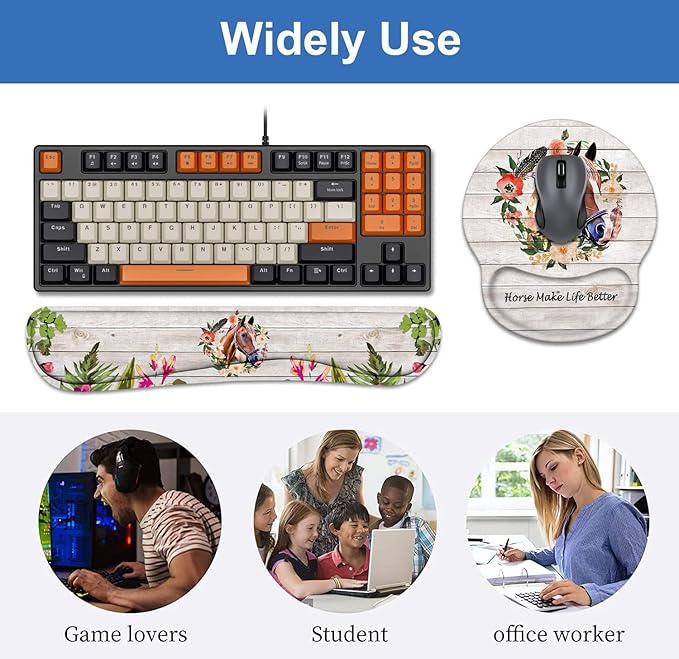 Keyboard Wrist Rest + Mouse Pad Wrist Support Set with Coasters Non-Slip PU Base Ergonomic Mousepad for Home Office Working Studying Easy Typing &amp Pain Relief Horse Theme Horses Make Life Bette