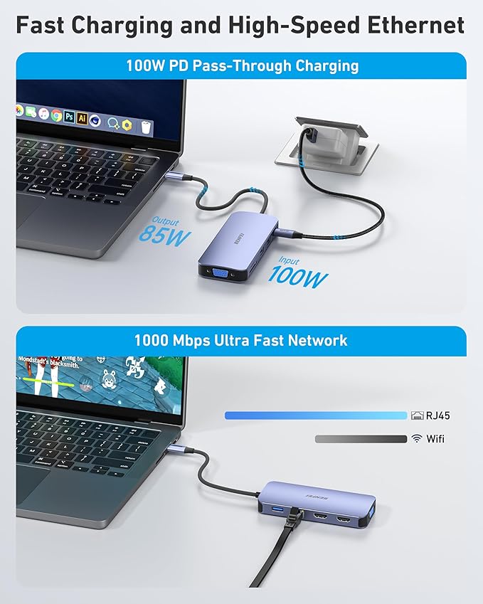 BENFEI 11-in-1 USB C Hub Triple Display Docking Station Dual HDMI VGA 3*USB 3.0 1Gbps Ethernet 100W Power Delivery SD/TF Card Reader 3.5mm AUX Audio Compatible with MacBook XPS Surface