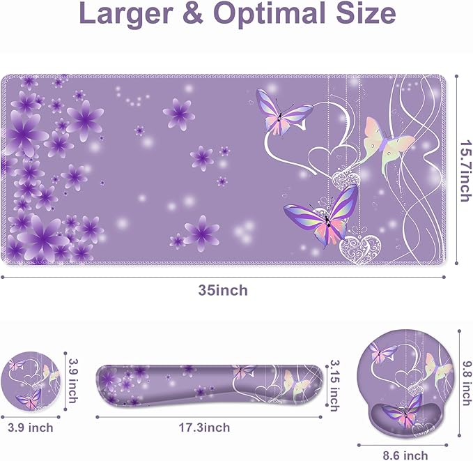 Purple Butterflies Florals Mouse Pad XXL Large Desk Mat Extended Reading Desk pad 4PCS Non-Slip Rubber Base Computer Big Mousepads for Work Game Office Home Decor Girls Woemn Gifts Accessories