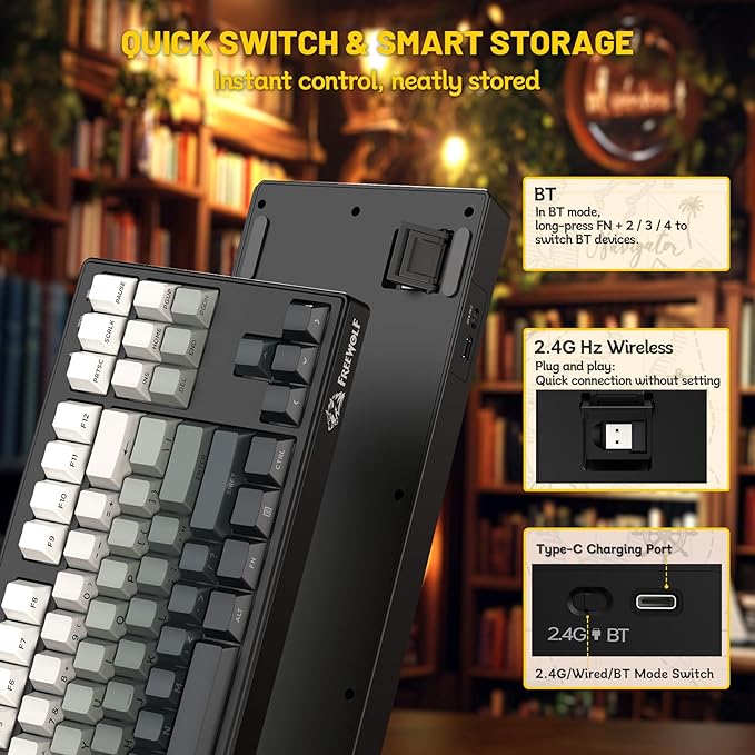 M87V2 87 Keys Membrane Gaming Wireless Keyboard80% TKL Layout Side Printed Keys Retro Cute CreamyRGB Backlit 4000mAh 2.4G/BT/Wired Computer Silent Keyboard for MAC PC-Gradient Black