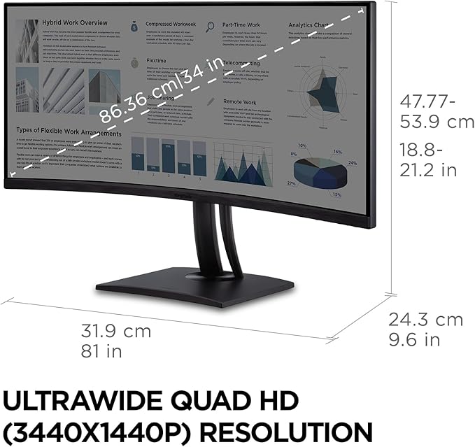 ViewSonic VP3456A 34 Inch Ultrawide QHD 1440p Curved Monitor with 100W USB C Ethernet RJ45 FreeSync USB Hub 100% sRGB 14-bit 3D LUT