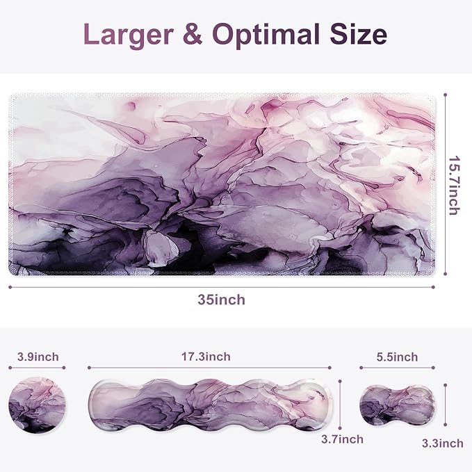 Gaming Mouse Pad Keyboard Wrist Support 4 in1 Mousepad Set with Wrist Keyboard Rest Computer Desk Mat Non-Slip Desk Pad Protector with Memory Foam Easy Typing Pain Relief I Purple Marble