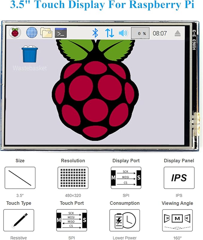 3.5inch Touch Screen Compatible with Raspberry Pi 5/Pi 4B/3B+/3B/Zero/Pi Zero 2W/Zero W/Zero WH/CM5/CM4 480x320 IPS Display 160° Viewing Angle SPI Touch Port