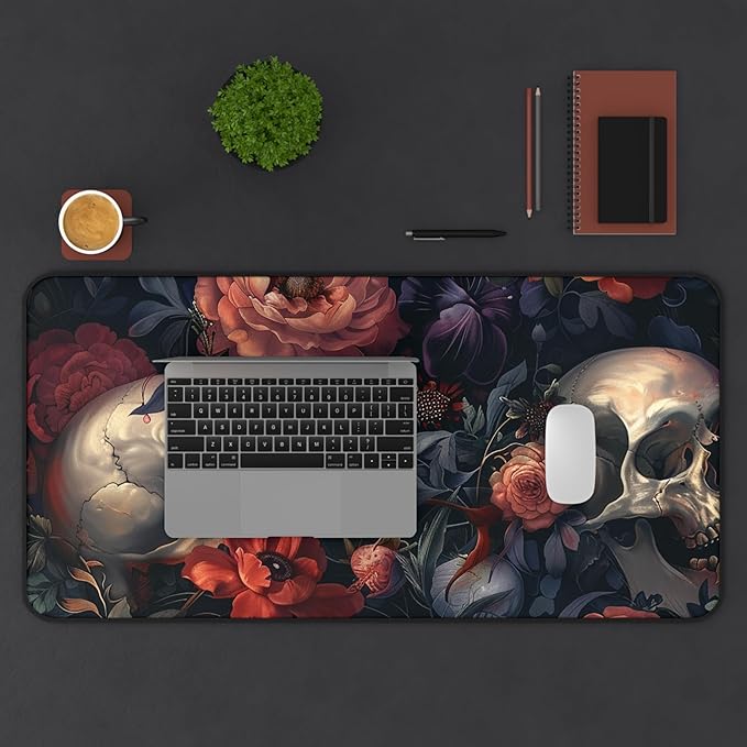 Gothic Skull Gaming Mouse Pad Dark Romantic Floral Skull Design Gothic Baroque Extended Large Mousepad for Desk