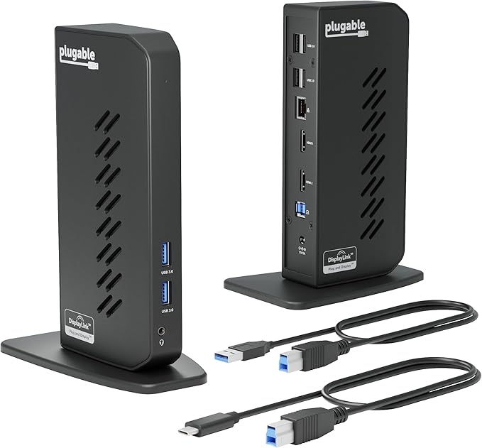 Plugable USB 3.0 and USB-C Universal Laptop Docking Station with 2 HDMI Ports for Windows Mac (Driver Required) and ChromeOS Gigabit Ethernet Audio