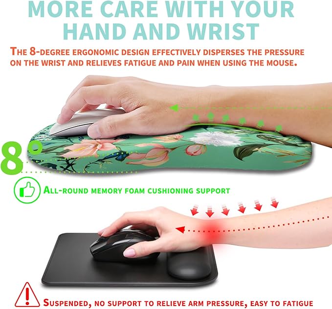 Ergonomic Mouse Pad Wrist Support with Memory Foam Massage Bulge Carpal Tunnel Pain Relief Mousepad Wrist Rest for Mouse(12x8 inch Pink Flowers)