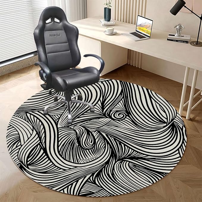 Black White PU Leather Computer Gaming Rolling Chair Mat Abstract Geometrical Modern Zebra Heavy Duty Floor Mats for Computer Desk Easy Glide for Chairs Zebra Print Diameter 55 in